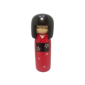 Kokeshi Wooden Original Japanese Doll 7.3"H Girl Haregi Red Sakura Floral